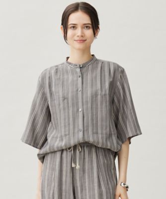＜自由区 L (Women/大きいサイズ)＞【セットアップ対応】リネンレーヨンストライプ　シャツ（ＢＬＷＲＧＡ０００８）