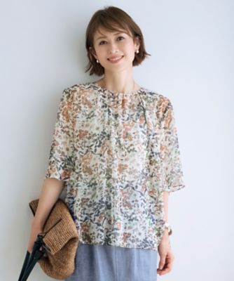 ＜自由区 L (Women/大きいサイズ)＞【セットアップ対応・洗える】ボタニカルフラワープリント　ブラウス（ＢＬＷＲＧＡ０００９）