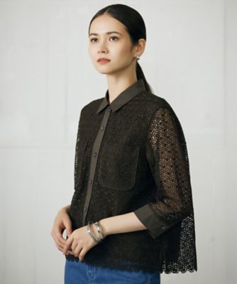 ＜自由区 L (Women/大きいサイズ)＞【ドラマ「明日はもっと　いい日になる」着用】【洗える】ジオメトリックフラワーレースクロップド丈シャツ　ブラウス（ＢＬＷＲＧＭ０３０９）