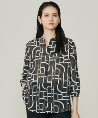 ＜自由区 L (Women/大きいサイズ)＞【１７号サイズまで展開】ジオメトリックレトロプリント　ブラウス（ＢＬＷＲＧＷ０３１３）