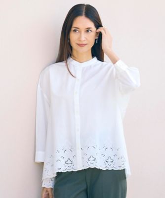 ＜自由区 L (Women/大きいサイズ)＞エンブロイダリーブロードバンドカラー　ブラウス（ＢＬＷＲＬＭ０４０４）