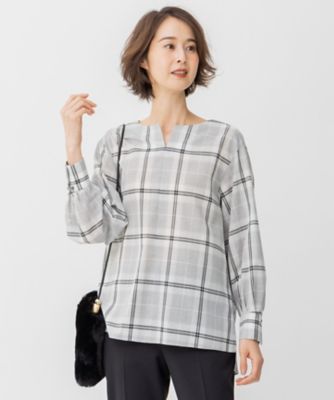 ＜自由区 L (Women/大きいサイズ)＞【洗える】オータムチェック　キーネックブラウス（ＢＬＷＲＮＡ０３０６）