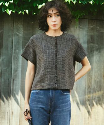 洗える】ツイーディーカラーミックス ハーフスリーブ ブラウス