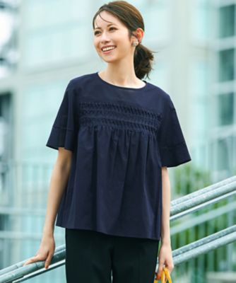 23区 S (Women/小さいサイズ)/ニジュウサンク エス【WEB & 一部店舗限定】コットンローン ピンタック フレア ブラウス(BLWSGM6825) 075_ネービーブルー トップス【三越伊勢丹/公式】