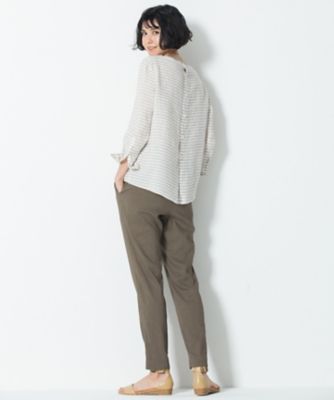 LIBECOリネン バックボタン ボートネックブラウス