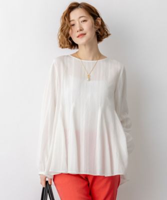 ＜23区 S (Women/小さいサイズ)＞ドビーストライプ　クルーネック　フレアブラウス（ＢＬＷＳＬＳ０３１１）