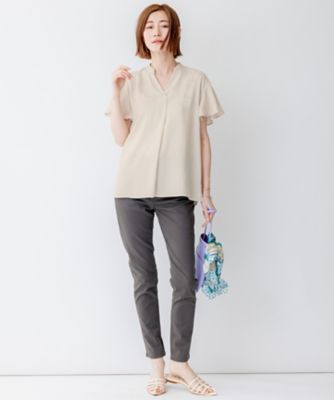 美品 23AW 23区 ニジュウサンク 洗える バックサテンアムンゼン 袖フリル キーネック ブラウス シャツ BLWOSA0104 38 ネイビー レディース 古着 中古 洗える】バックサテンアムンゼン 袖フリル キーネック ブラウス