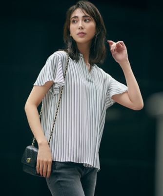 ＜23区 S (Women/小さいサイズ)＞【洗える】ランダムストライププリント　キーネック　ブラウス（ＢＬＷＳＳＡ０１０５）