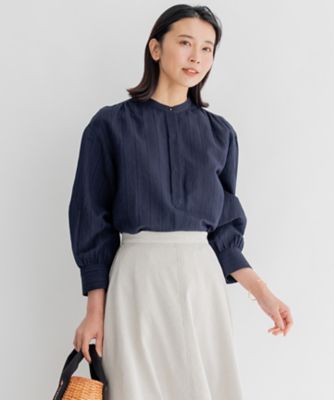 美品】23区 洗える カラミストライプパフスリーブブラウス ネイビー 38 