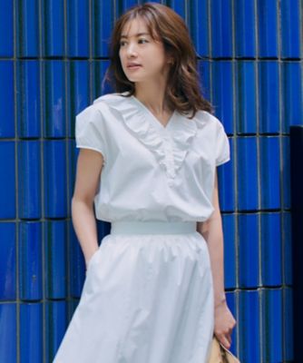 ＜23区 S (Women/小さいサイズ)＞【一部店舗限定／洗える】ハイカウントウェザーストレッチ　フリル　ブラウス（ＢＬＷＳＳＭ０８６５）