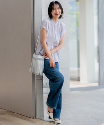 23区 バックサテンアムンゼン パール釦 バイカラー ブラウス 38 洗える】バックサテンアムンゼン パール釦 バイカラー ブラウス