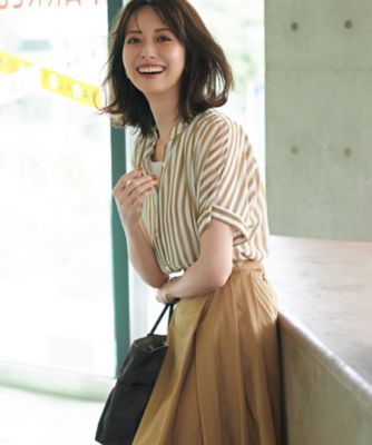 【送料無料】23区 L (Women/大きいサイズ)/ニジュウサンク エル【WEB & 一部店舗限定/洗える】ストライププリント シフォン ブラウス(BLWWGM6828) 134_オウドイロ トップス【三越伊勢丹/公式】