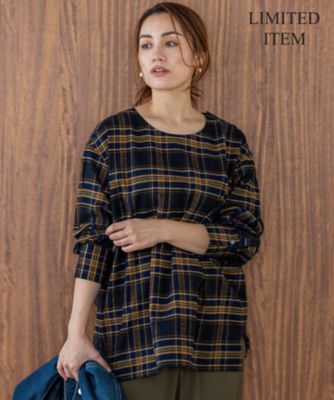 Lサイズ限定】ブラッシュド ビエラチェック ノーカラーブラウス