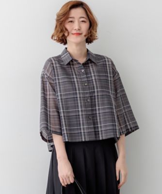 23区 L (Women/大きいサイズ)/ニジュウサンク エル 【見上愛さん着用】ハイツイストシアーチェック　クロップド　シャツ（ＢＬＷＷＬＭ０５０７）