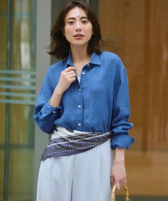 極美品 23区 リネンシャツ 大きいサイズ 2way 長袖 ブルー 44 LIBECOリネン ベーシック シャツ（BLWWLM0508） | 23