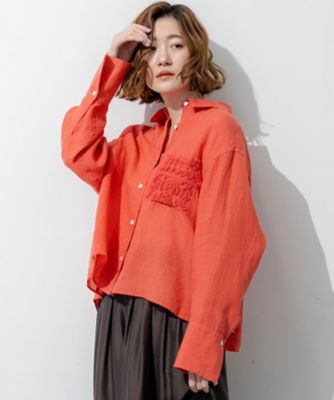 極上 RED MOON ループカラー フラップポケット カウレザー シャツ LIBECOリネン ポケット刺繍 クロップドシャツ