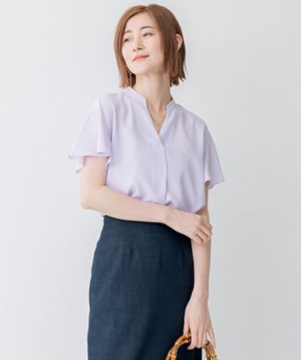【洗える】 バックサテンアムンゼン キーネック ブラウス ＊新品タグ付き＊ 洗える】バックサテンアムンゼン 袖フリル キーネック ブラウス