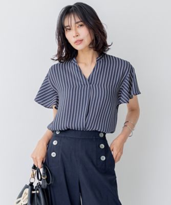 洗える】ランダムストライププリント キーネック ブラウス