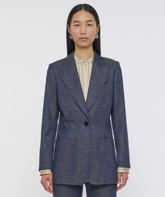 極美品✨T-JACKET リネン混 デニム テーラードジャケット L 45R藍インドリネンシルクツイードの四角ジャケット: WOMEN｜45R