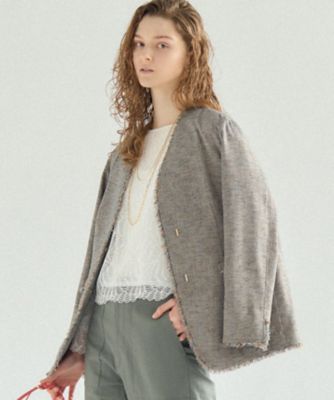 ＜23区 L (Women/大きいサイズ)＞【送料無料】リネンライクブッチャー　フリンジノーカラージャケット（ＪＫＷＷＬＳ０３０６）