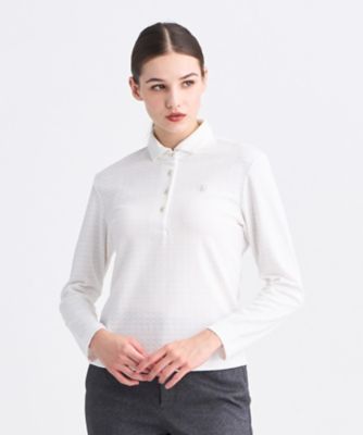 【新品】 長袖ポロシャツ バックファスナーM ホワイト WOMEN】モノグラムジャカード長袖ポロシャツ 吸水速乾 UV