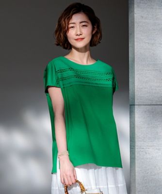 美品 24SS 23区 ニジュウサンク 洗える アイレットジャージー フレンチスリーブ カットソー KKWOCM0534 38 グリーン レディース 古着 中古 洗える】アイレットジャージー フレンチスリーブ カットソー