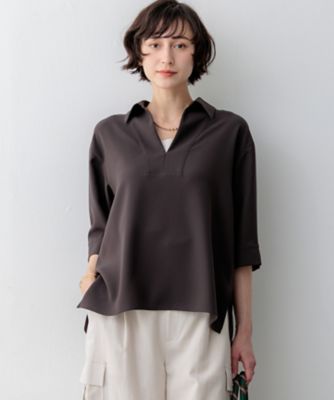 自由区　スキッパートップス　七分袖ブラウス　大きいサイズ　3XL フォーマル ブラウス レディース オフィス 紺 七分袖 スキッパー おしゃれ