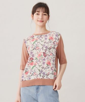 ＜自由区 L (Women/大きいサイズ)＞【アンサンブル対応・洗える】マラケシュフラワープリント半袖　ニットプルオーバー（ＫＫＷＲＣＡ０１３２）