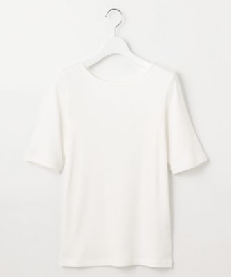 ＜自由区 L (Women/大きいサイズ)＞【洗える】ソフトリブ５分袖　Ｔシャツ（ＫＫＷＲＣＡ０３３１）
