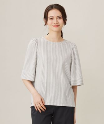 ＜自由区 L (Women/大きいサイズ)＞【洗える】再生繊維（セルロース）コットンストライプ　カットソー（ＫＫＷＲＣＭ０４３８）
