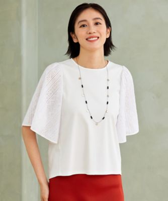 ＜自由区 L (Women/大きいサイズ)＞【カタログ掲載・洗える】エンブロイダリーコンビジャージ　カットソー（ＫＫＷＲＣＭ０６３５）