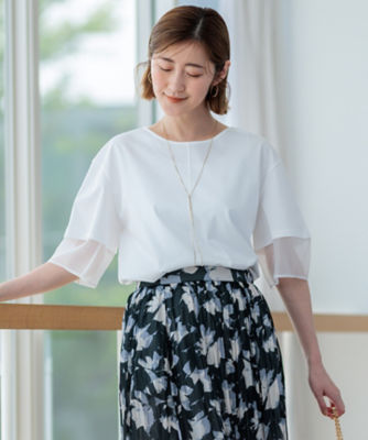 【SALE】【送料無料】23区 L (Women/大きいサイズ)/ニジュウサンク エル【GLOW8月号掲載/洗える】スムースコンビジャージー ランタンスリーブ カットソー(KKWWCA0135) 001_シロ トップス【三越伊勢丹/公式】