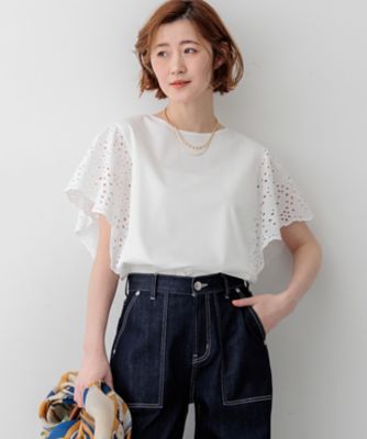 ＜23区 L (Women/大きいサイズ)＞カットワークエンブロイダリー　デザインスリーブ　トップス（ＫＫＷＷＬＭ０５３４）