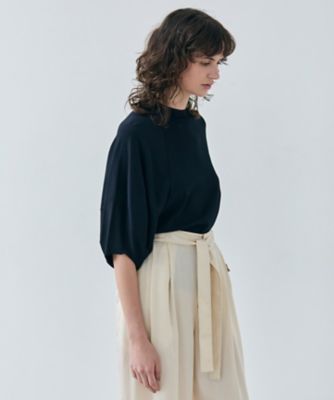 BEIGE, ベイジ ボリュームスリーブ半袖ボトルネックニット ネイビー 洗える】NADIA ／ ボリュームスリーブ半袖ボトルネックニット