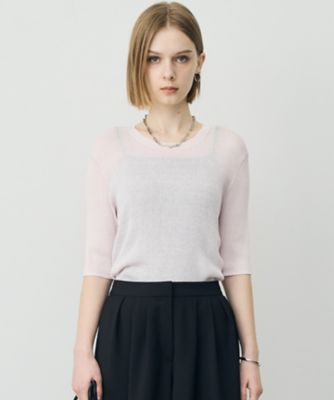 フランス製 美品 Chloe ニット切替 フレアスリーブ カシミヤ混 リネン 絹 リネンブレンドシアー クルーネックリブニット（KRCYLM0408