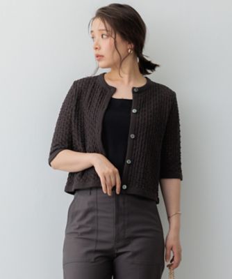 大きいサイズ 23区 SLOW レーシーカーディガン茶色(自由区ICBクミキョク SLOW／一部店舗限定】レーシー カーディガン