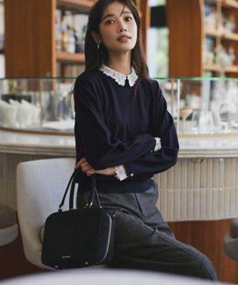 【最終値下げ】スターエンブロイダリーニット　ネイビー 洗える】エンブロイダリー フラワーレースコンビ ニット