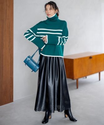 美品♡M&KYOKO ボーダーニットワイドパンツ　M-Lサイズ 洗える】ウールミドルゲージ ボーダー ニット（KRWOSW0555