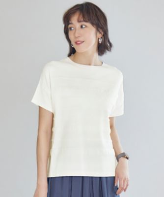 ＜自由区 L (Women/大きいサイズ)＞【接触冷感・ＵＶカット・洗える】クレープストレッチボーダー　ニット（ＫＲＷＲＧＡ００５１）