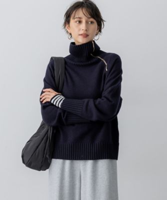 ボイルドウールコンビ ジップ タートルニット