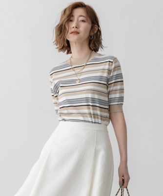 ＜23区 L (Women/大きいサイズ)＞【ＶＥＲＹ３月号掲載／洗える】プレミアムビオコットン　半袖　マルチボーダー　ニット（ＫＲＷＷＧＳ０２５３）
