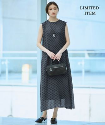 MARK & LONA ノースリーブ ワンピース 38 ネイビー 新品タグ付 WEB限定・丈が選べる】サテンオーガンプリント ノースリーブ