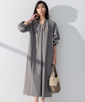 SLOW／洗える】コットンナイロンストライプ カフタン ワンピース  