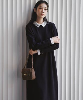 洗える／吊り干しOK】レーヨンストレッチ レース襟 ワンピース