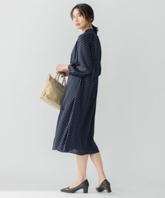 美品 23区 洗える トライアングルプリント ボウタイワンピース ネイビー 38 洗える】トライアングルプリント ボウタイ ワンピース