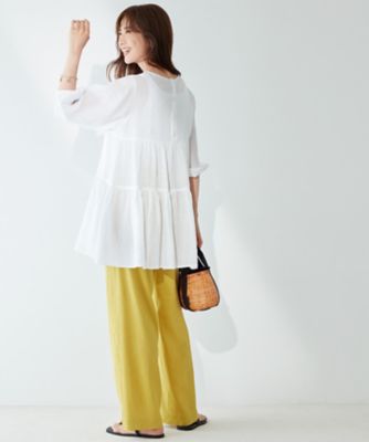 洗える】リネンレーヨンストレッチ ワイド パンツ