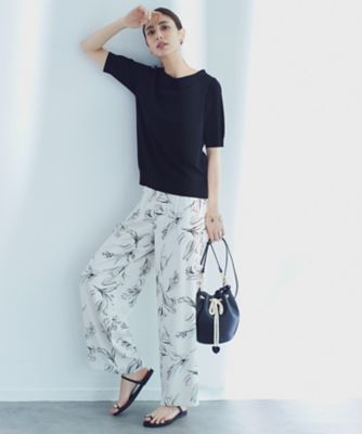 洗える】ラインフラワープリント ワイドパンツ