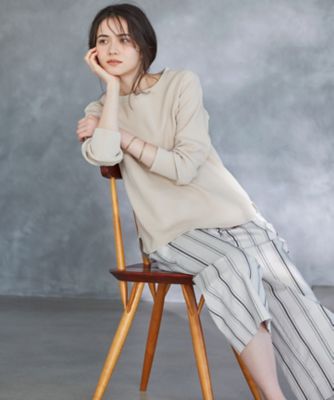 洗える】コットンリネンストライプ クロップド パンツ  