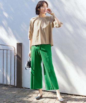 コットンサテンクロップド丈ワイドストレート パンツ