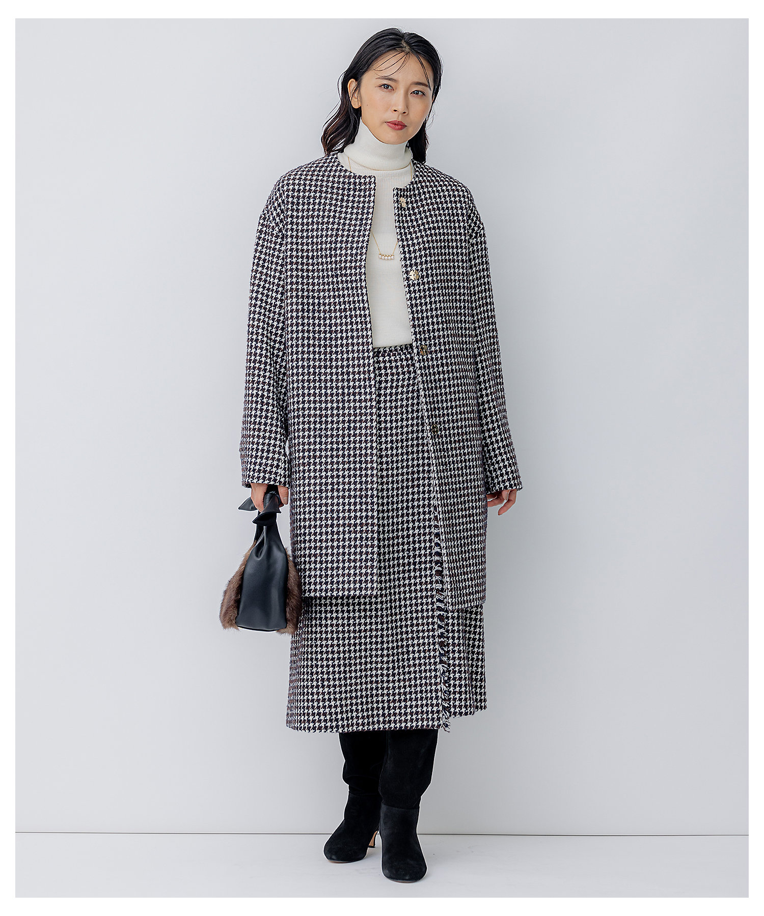 【IENA】Sサイズ ツイード ノーカラー コート 黒 ベース 金 糸78袖丈